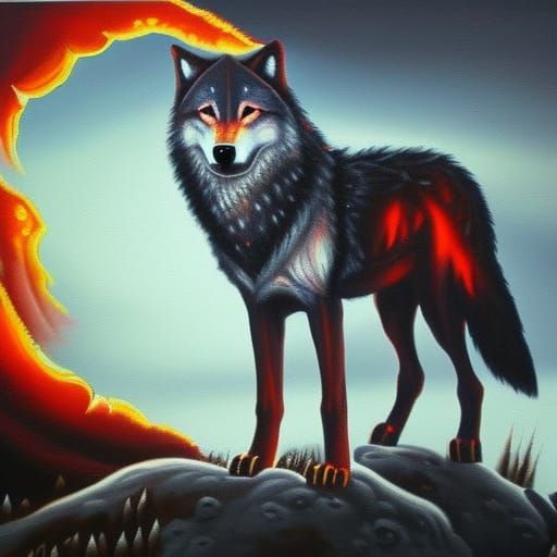 Fiery Wolf on Mountain with Blood Moon