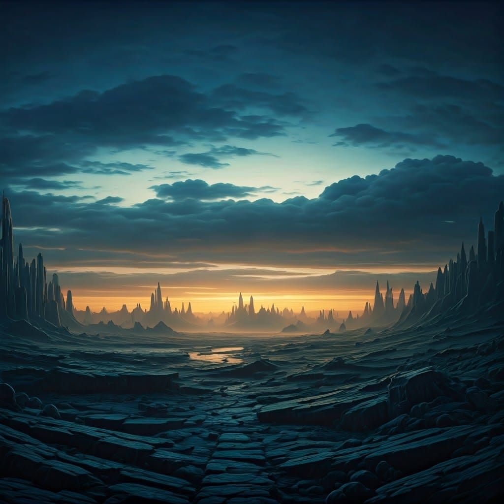 Blue Dusk Landscape with Ancient Architecture