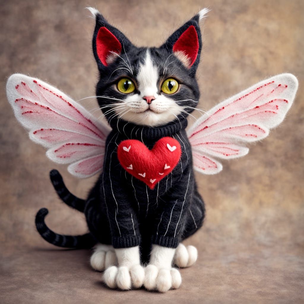 Whimsical Cat Fairy with Wings in Mixed Media