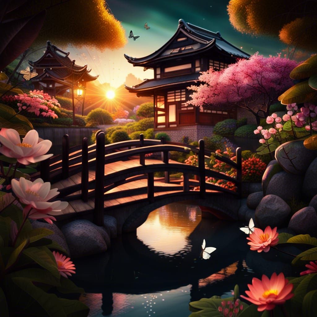 Dreamy Japanese Garden at Sunset in Digital Art