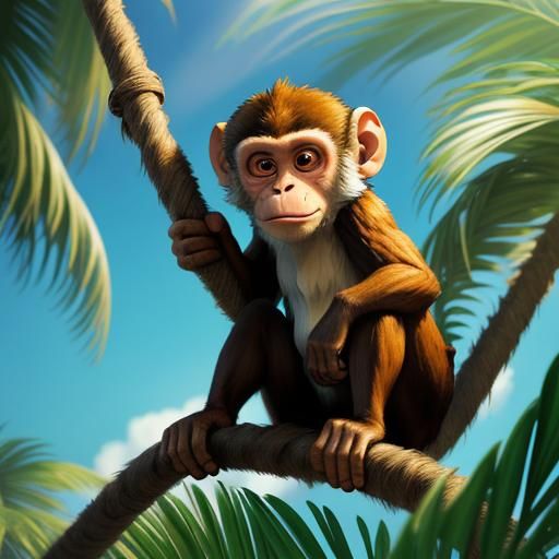 cute monkey climbs a palm tree