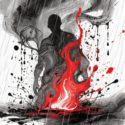 Abstract Rain on Fire Illustration in Grayscale with Red Emp...