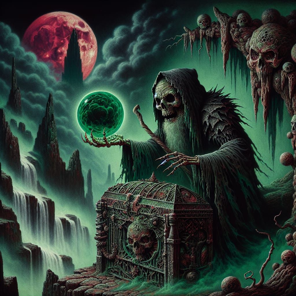 Skeletal Witch With Glowing Orb on Casket