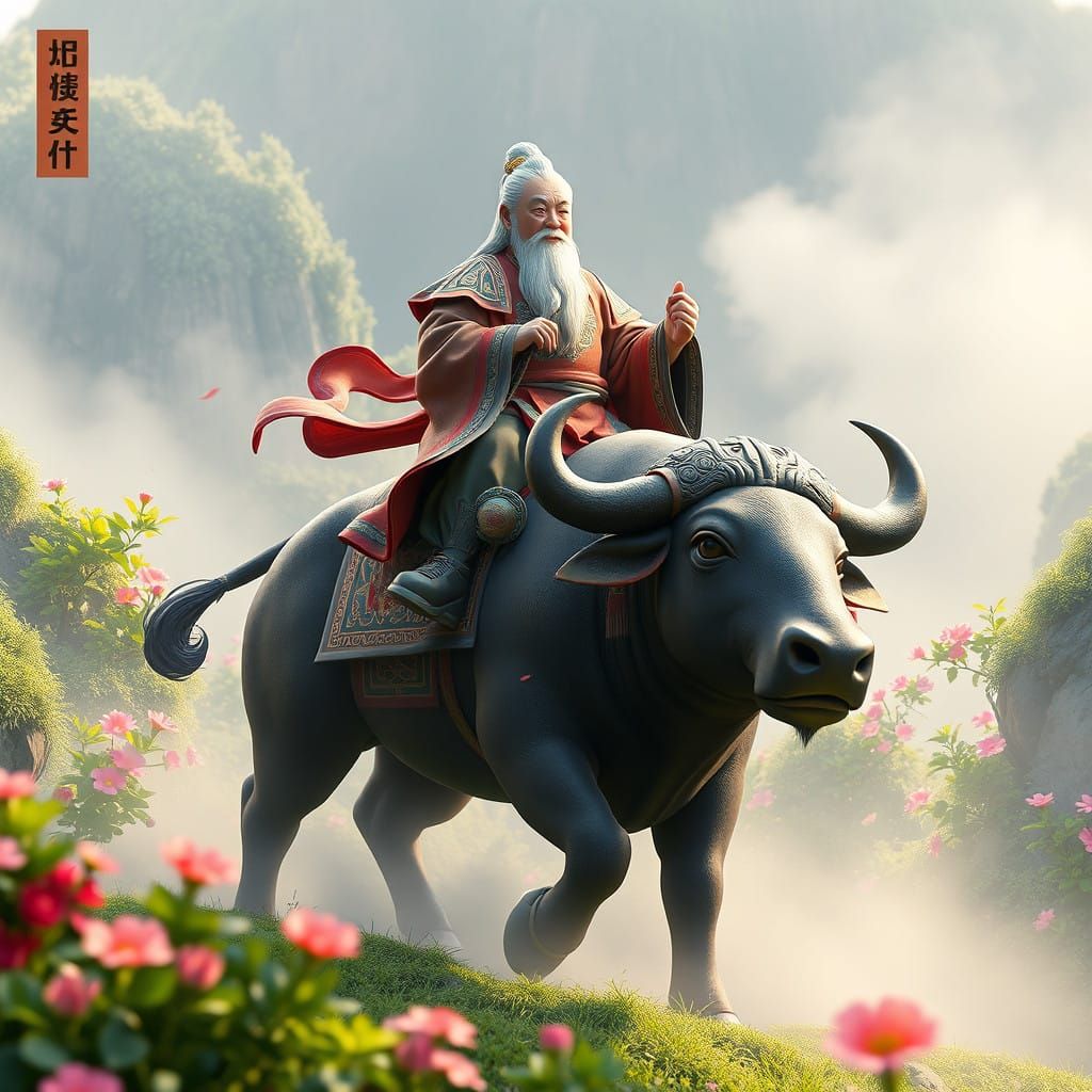 Laotse Rides a Majestic Buffalo Amidst Serene Landscape