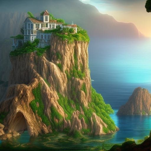 Hyperrealistic Cliffside Mega Mansion in Landscape Painting ...