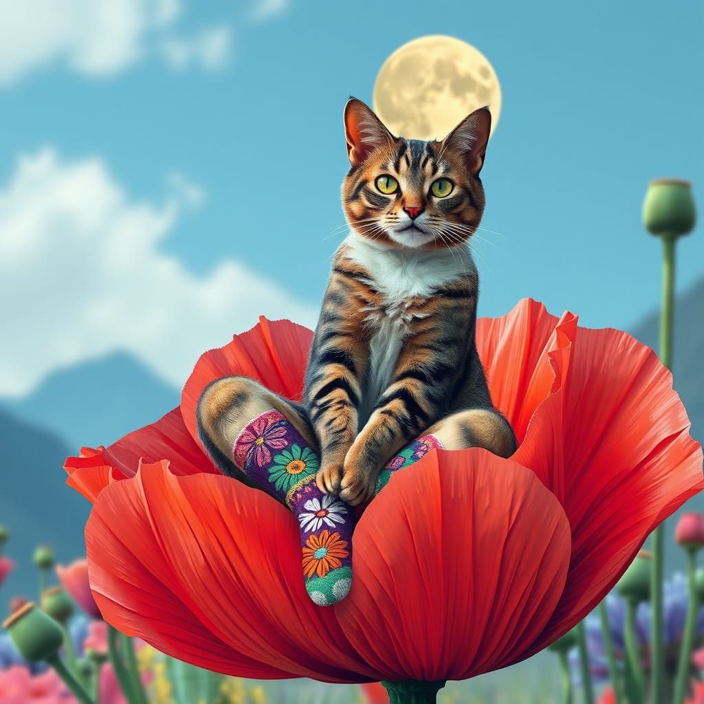 Cross-legged Cat on Poppy with Knitted Socks