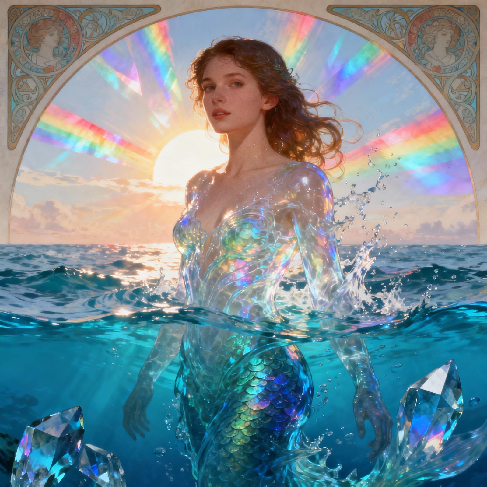 Water Princess Rising from Ocean with Kaleidoscopic Rainbows