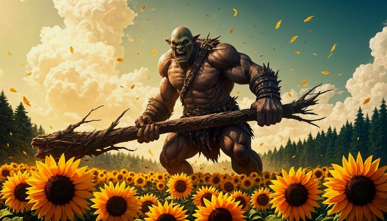 Ogre Charges Through Sunflower Field: Dark Fantasy Art