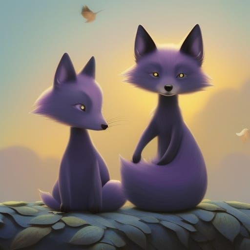 Purple Foxes on Cyan Trunk in Storybook Style