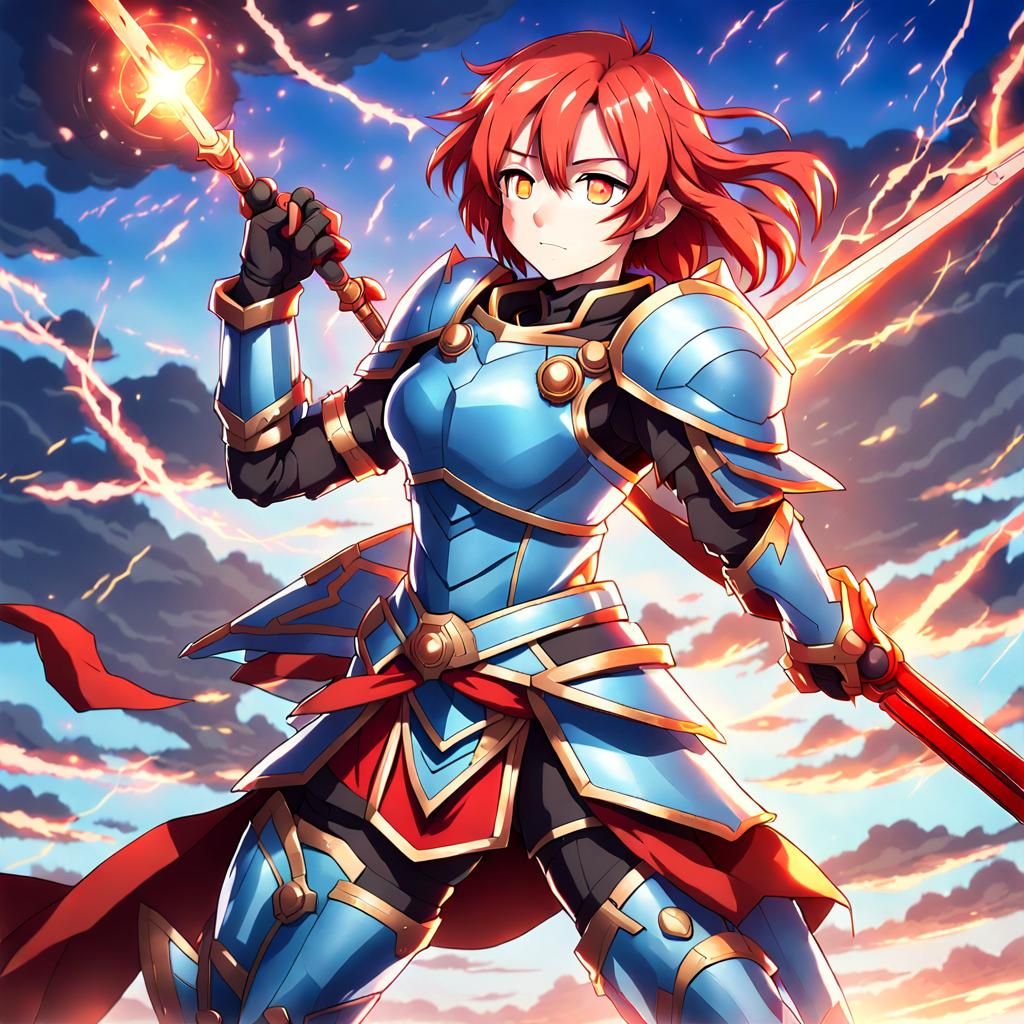 Anime Female Warrior in Crimson Lightning