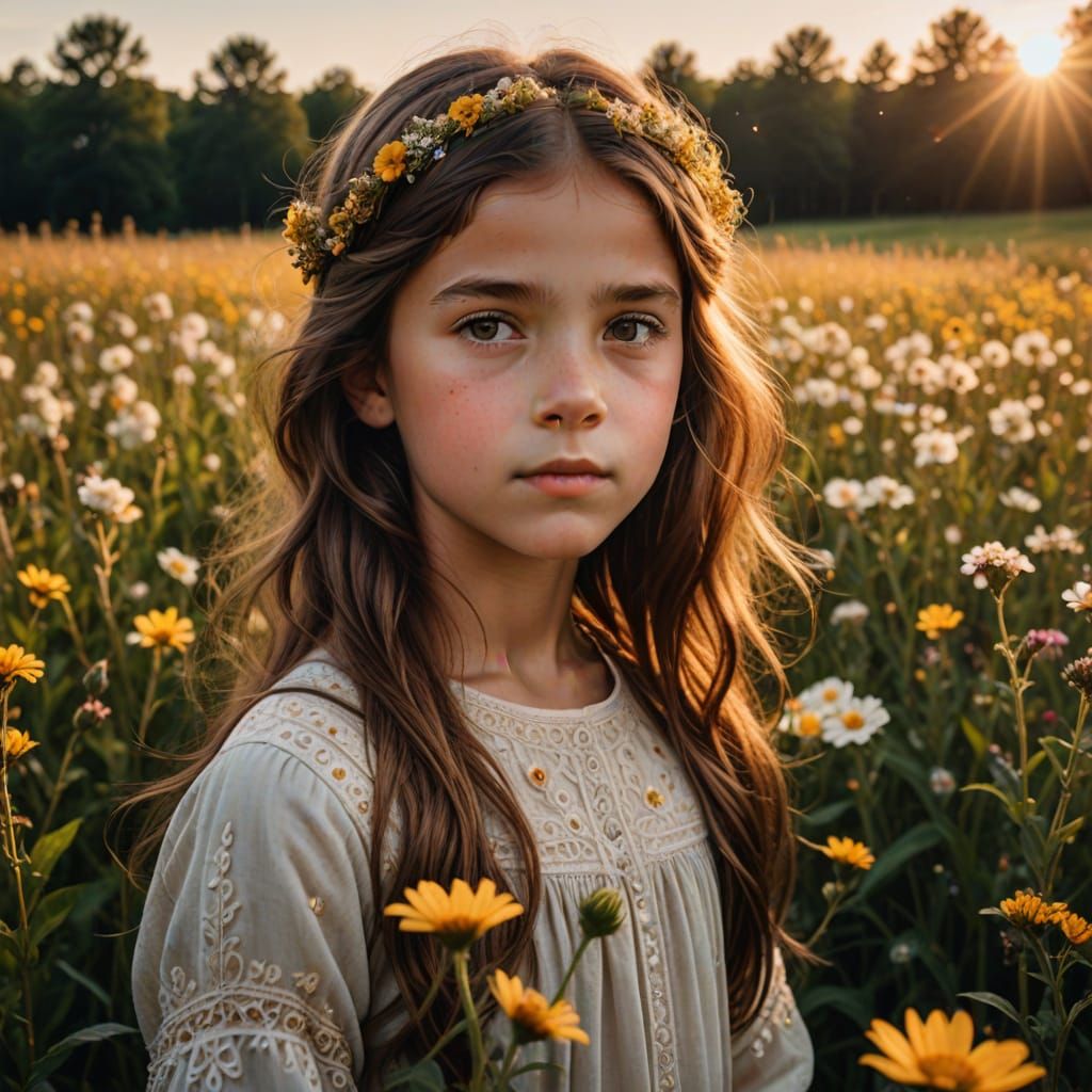 Golden Hour Portrait in a Field of Vibrant Flowers