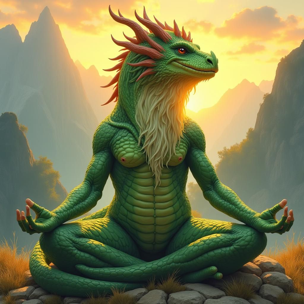 Green Dragon in Yoga Pose: Fantasy Landscape