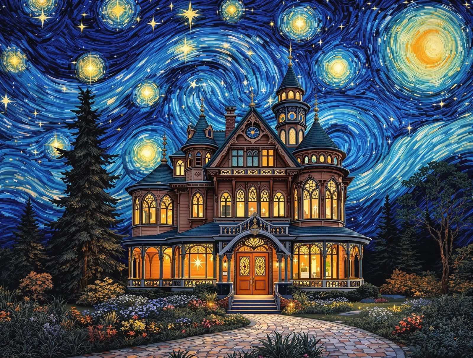 Majestic Mansion Under Starry Impasto Skies