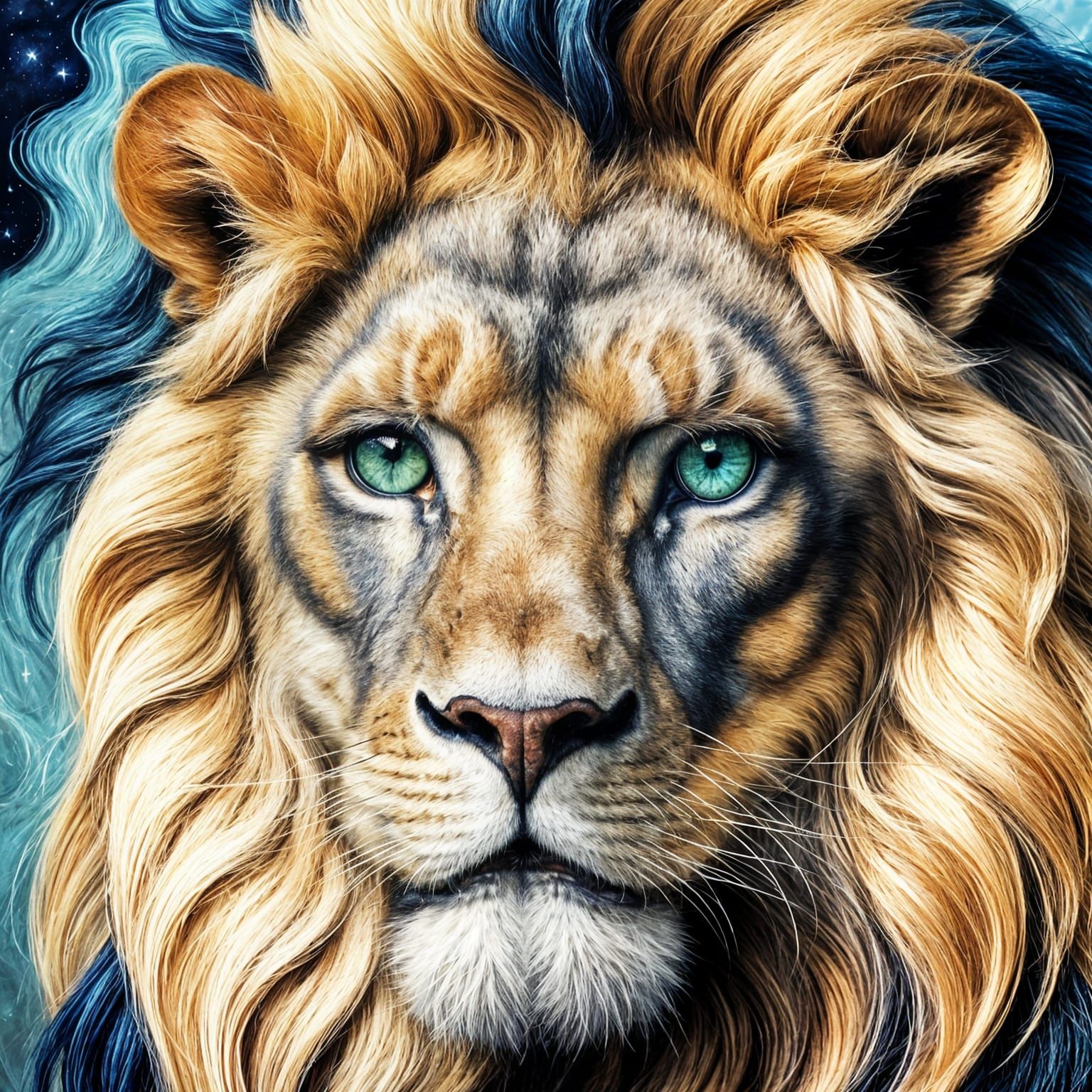 Lion's Majestic Emerald Eyes in Regal Oil Painting