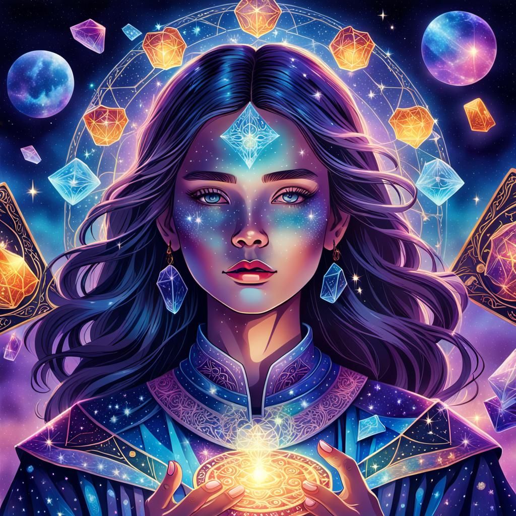 Mystical Girl Reading Tarot Cards in Cosmic Scene