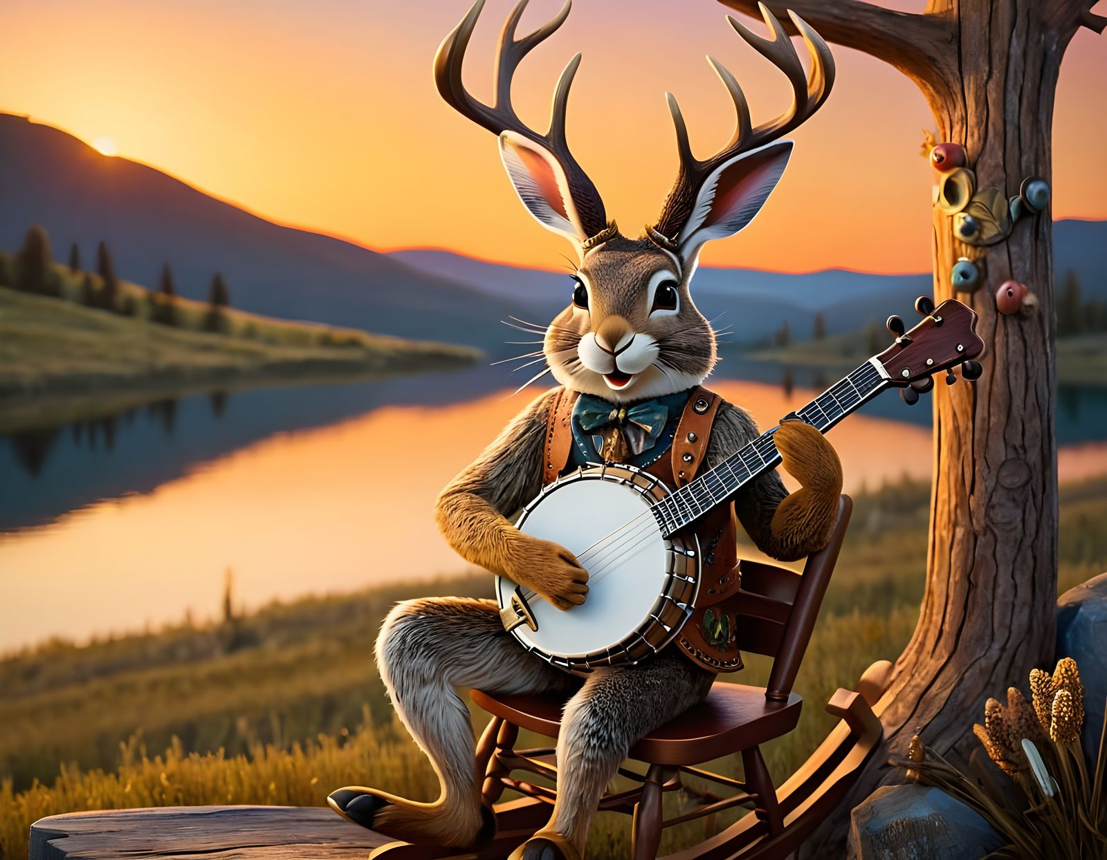 Jackalope Playing Banjo in Rocking Chair