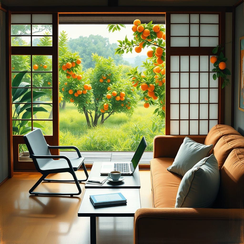Cozy Japanese Study Amidst Lush Greenery and Vibrant Orange...