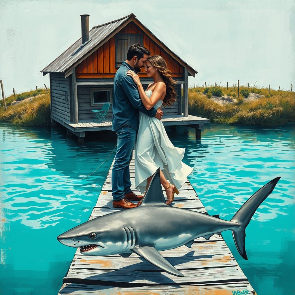Passionate Couple on Weathered Dock in Vibrant Graffiti Styl...