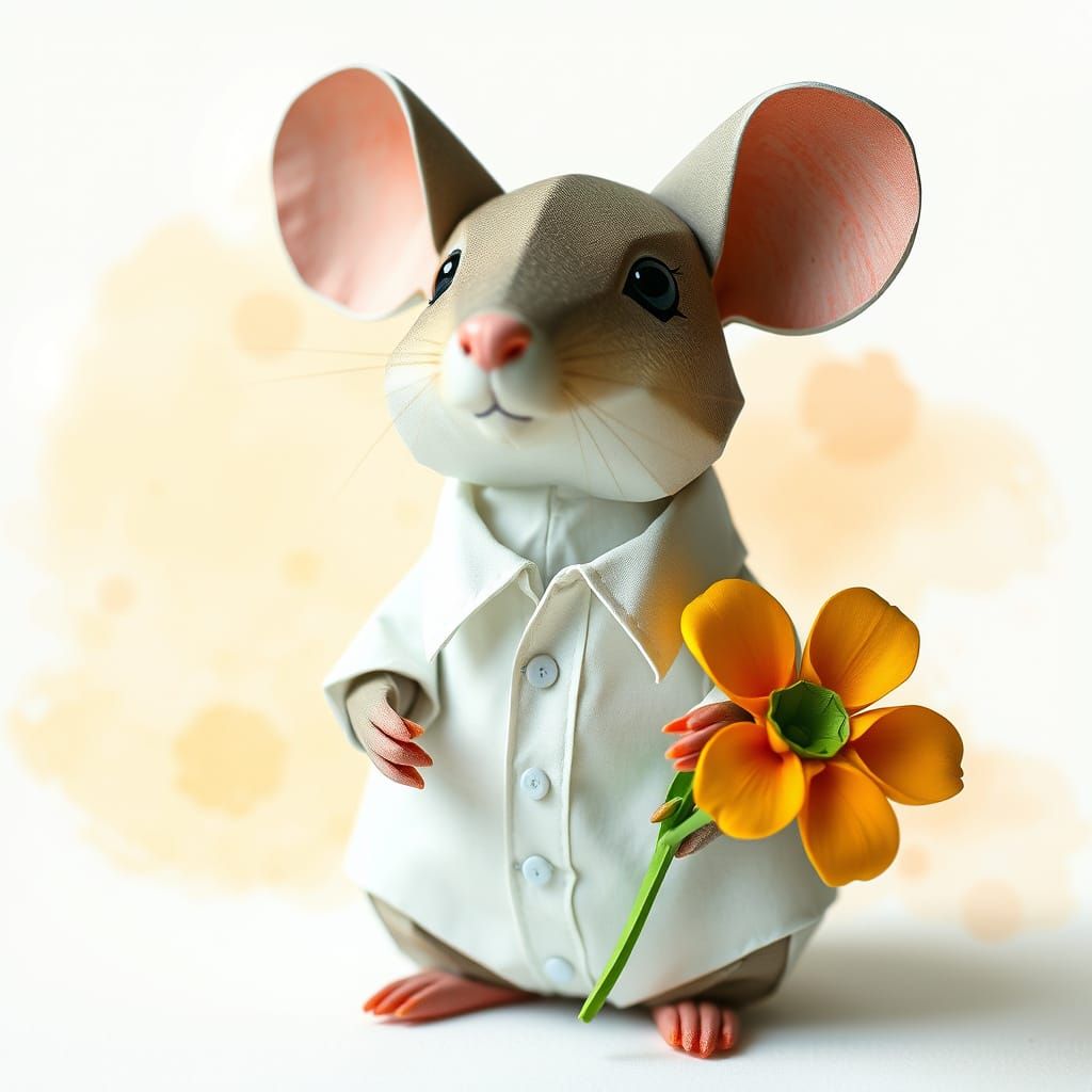 Origami Mouse Holding Flower in Watercolor Style
