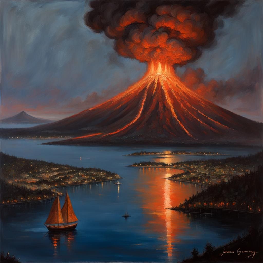 Volcano Eruption over Lakeside City: Oil Painting
