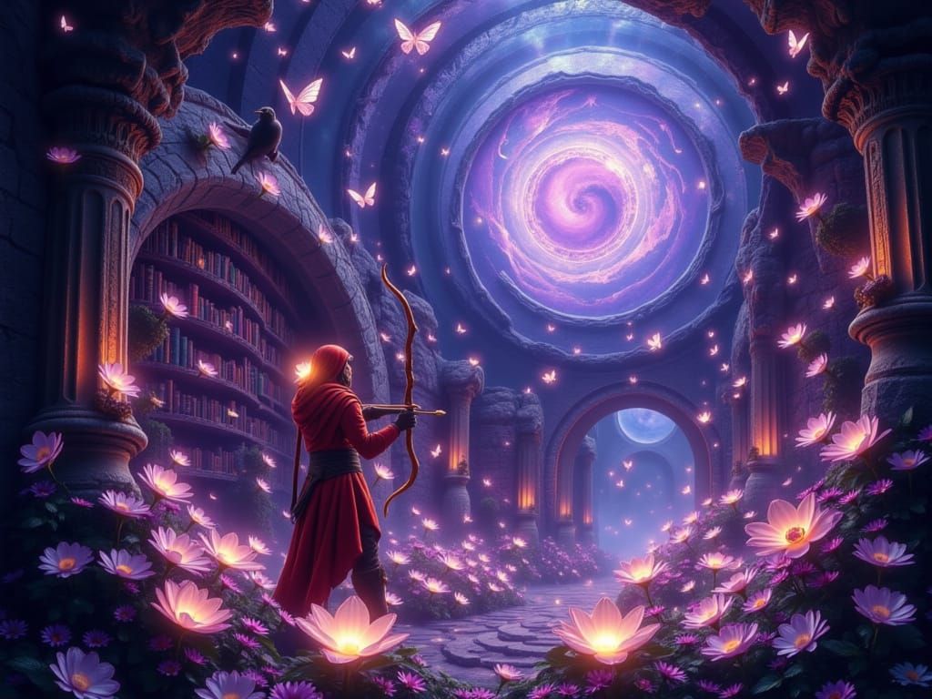 Mage-Archer Forges Light Arrows in Magical Library
