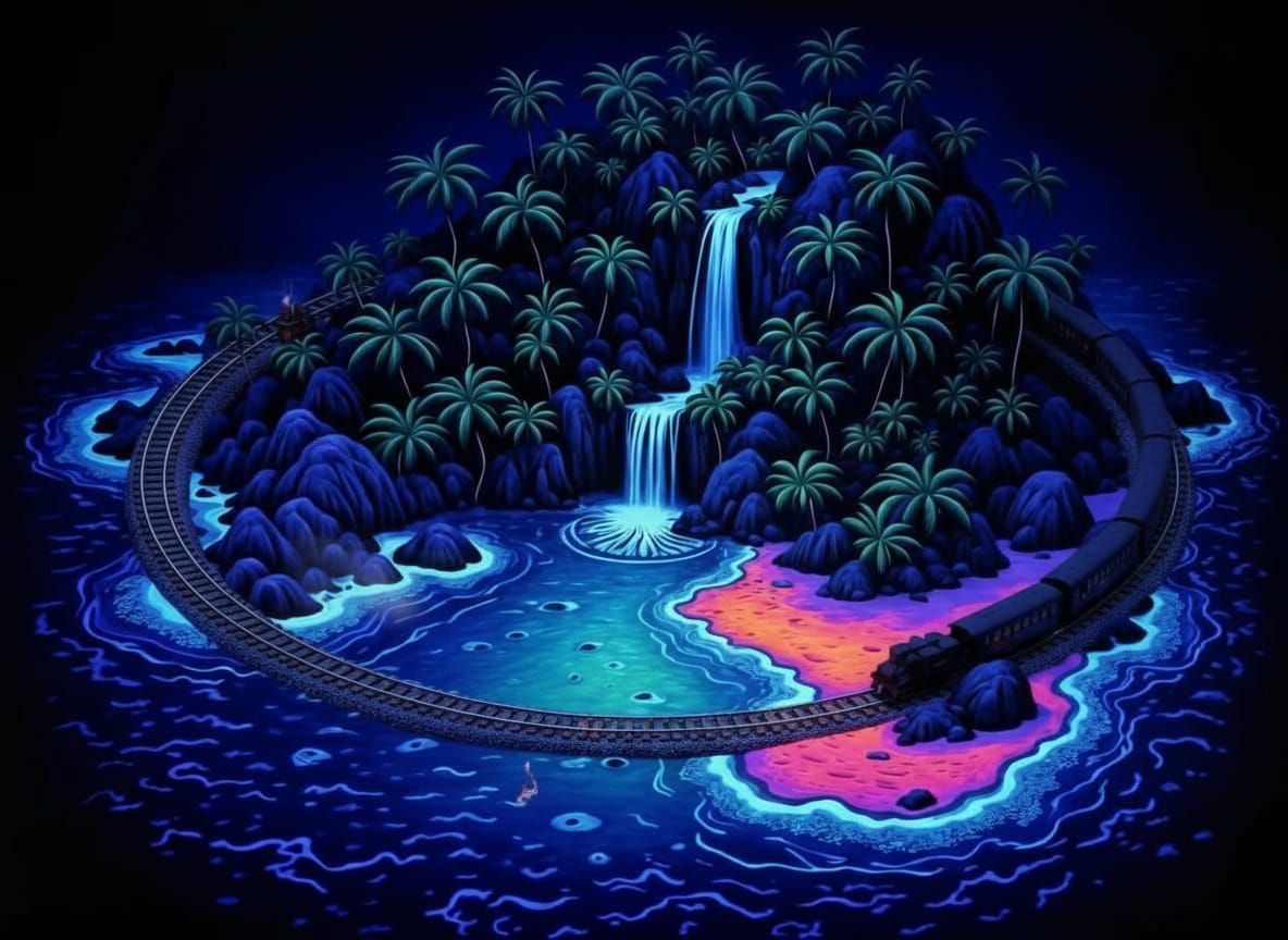 Glowing Tropical Island in Blacklight Poster Style