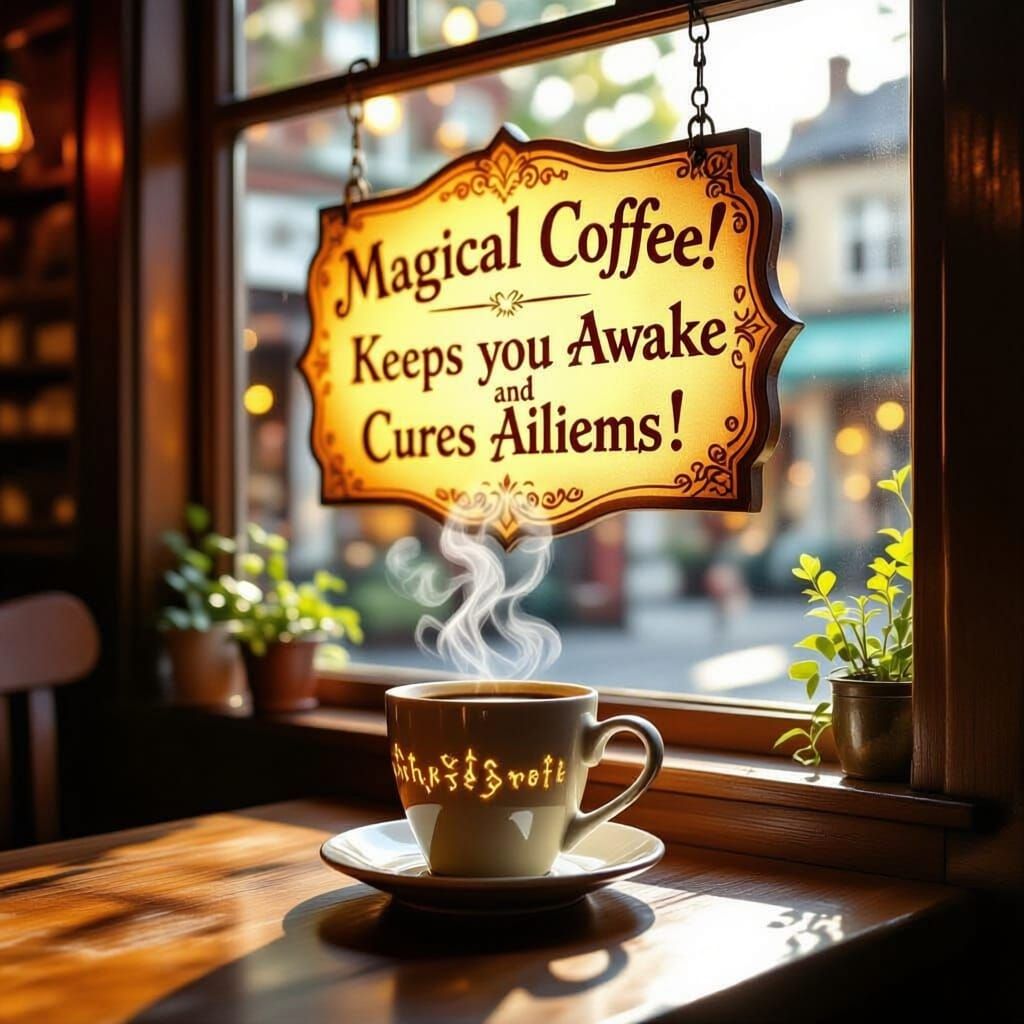 Coffee Shop with Magical Elixir Sign