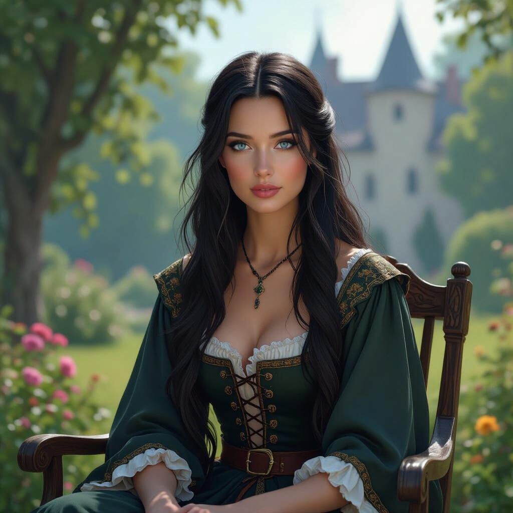 Medieval Woman in Castle Garden, Detailed Matte Painting