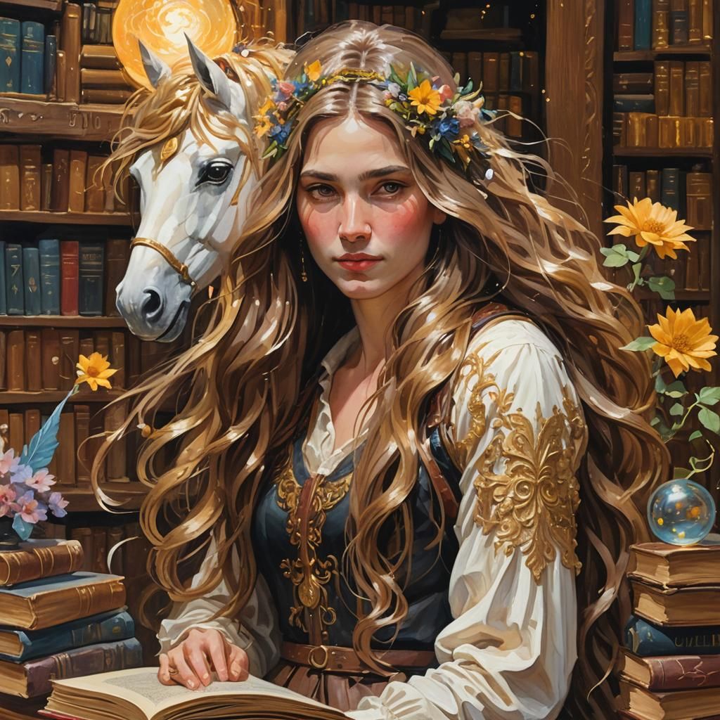 Gouache Impressionist Portrait with Unicorn and Orbs