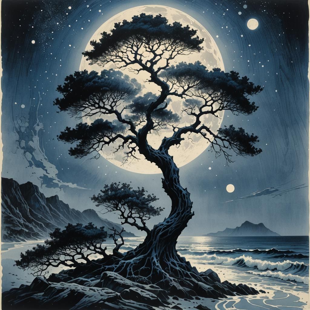 Blue Ink Drawing: Tree Beside Ocean Under Moon