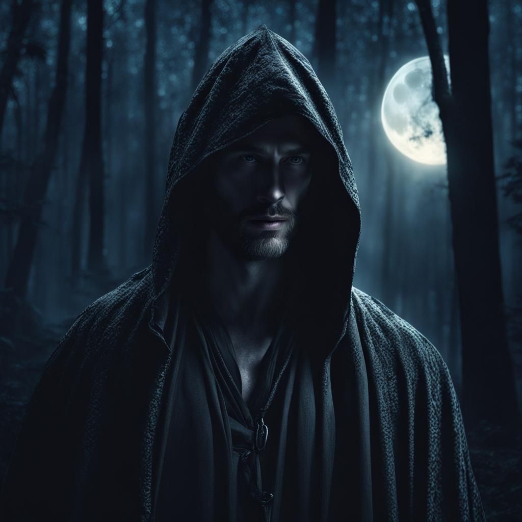 Mysterious Figure in Moonlit Forest: Digital Matte Painting