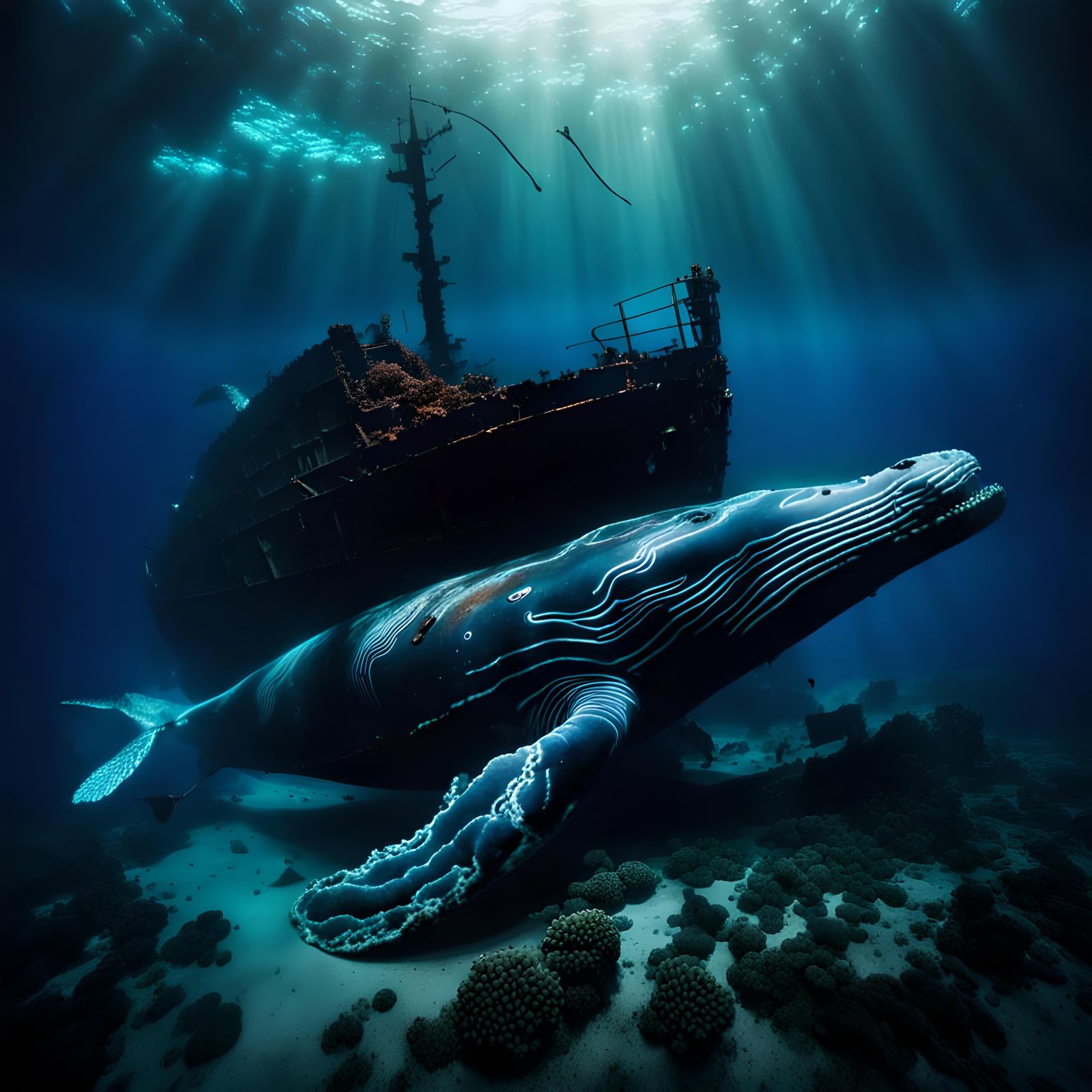 Whale and Shipwreck: A Cinematic Underwater Scene