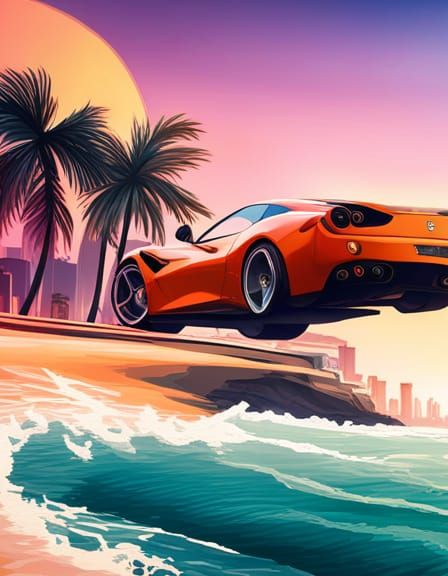 Orange Ferrari in Vice City: Vintage GTA Poster
