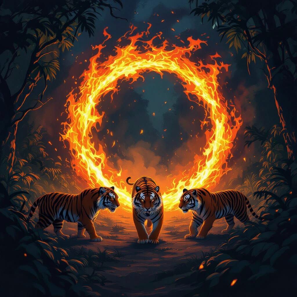 Fire Portal in Jungle With Tigers, Fantasy Art Style