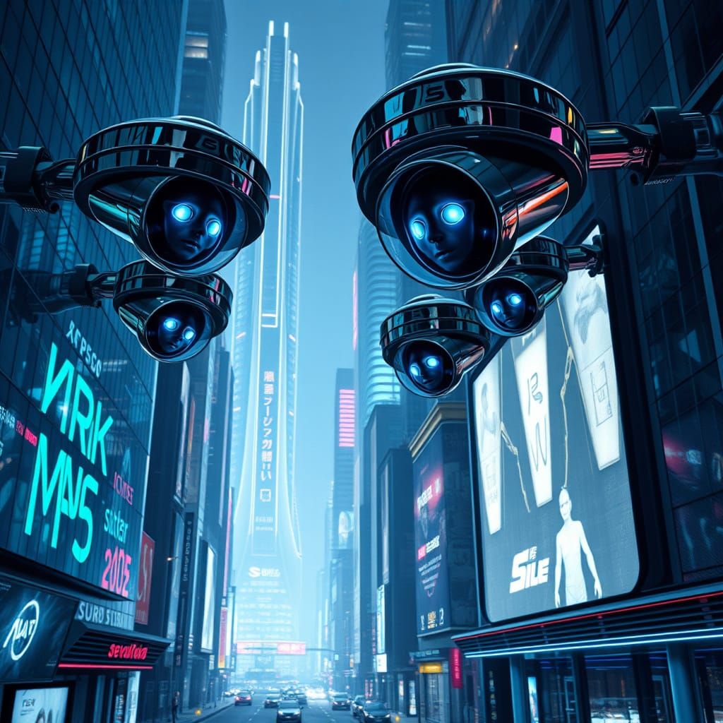 Surreal Cityscape with Surveillance Eyes