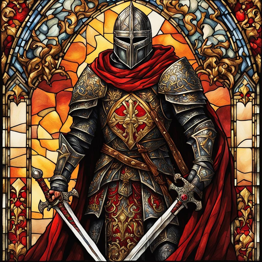 Gothic Knight with Sword and Cross in Stained Glass