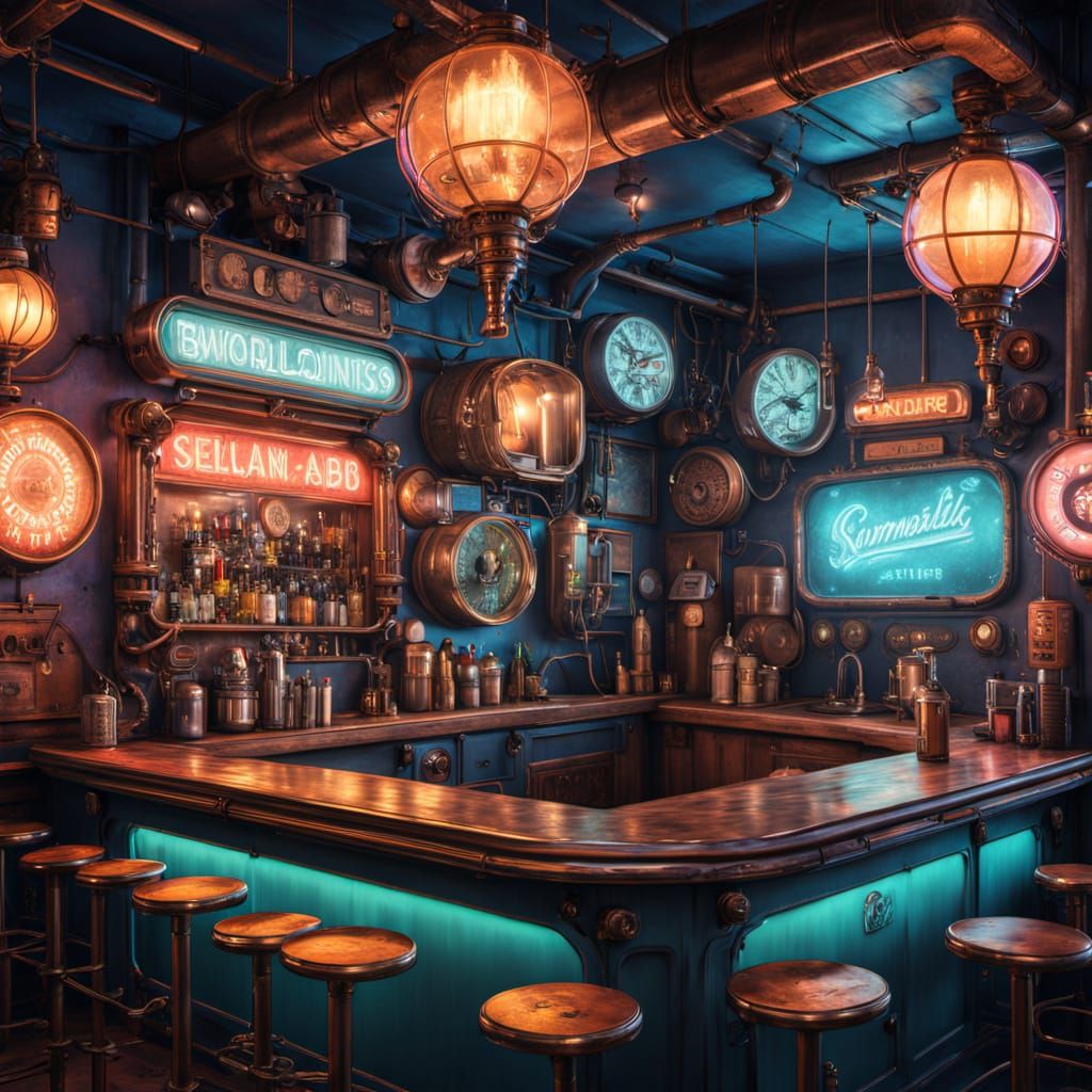 Vibrant Steampunk Dive Bar Scene with Mermaid Bartender