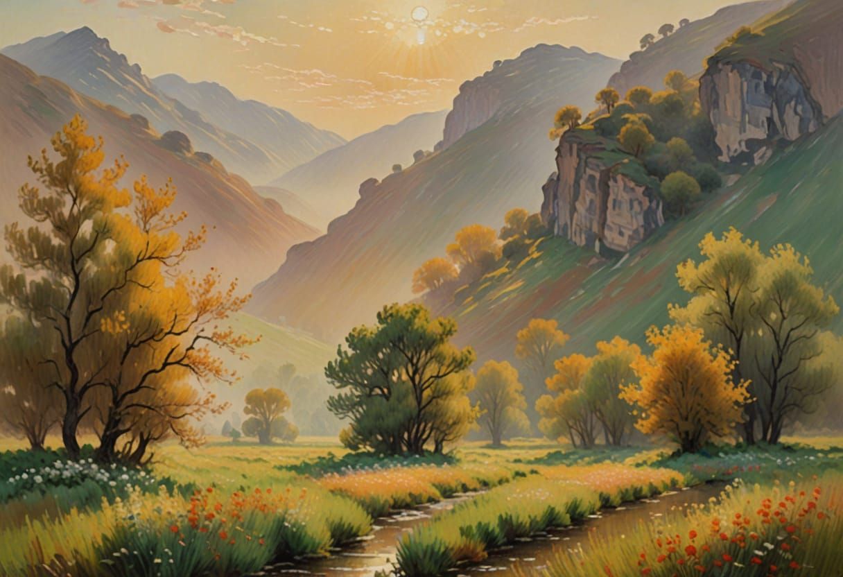 Ethereal Valley: Impressionist Oil Painting in Soft Light