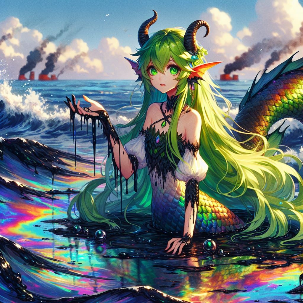 Anime Mermaid Satyr Trapped in Oil Spill