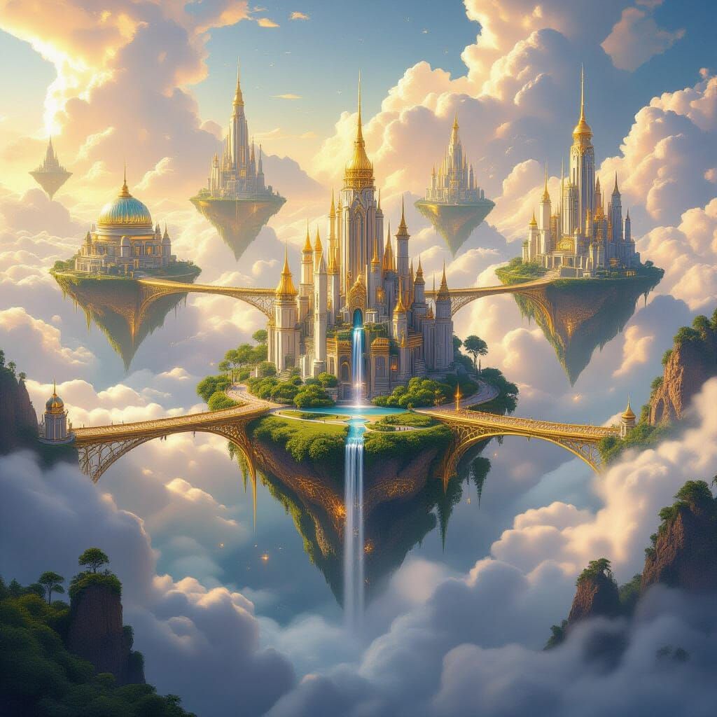 Epic Fantasy City Floating Among Glowing Clouds