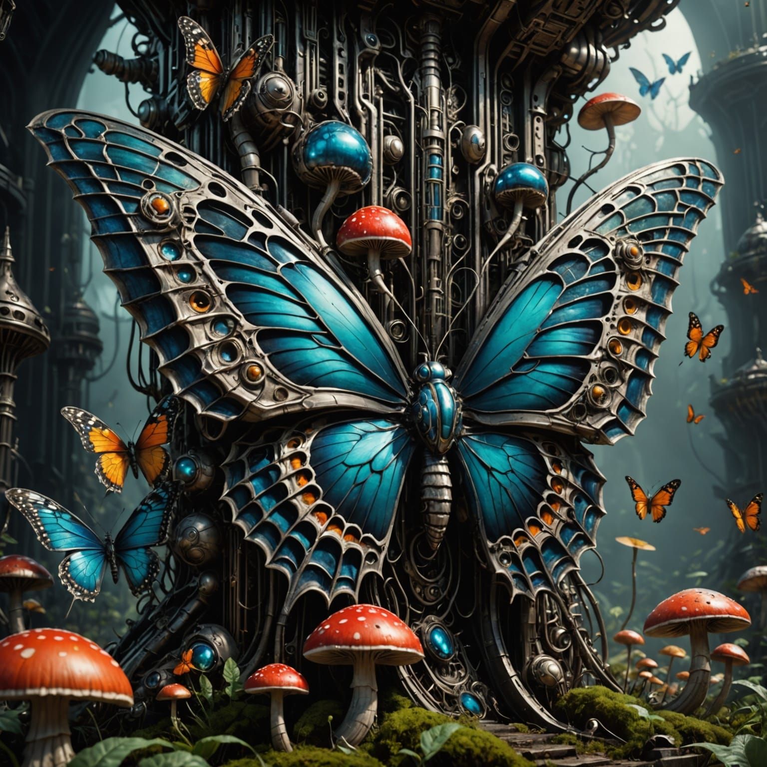 Bio-Mechanical Butterflies Dance Amidst Vibrant Mushrooms