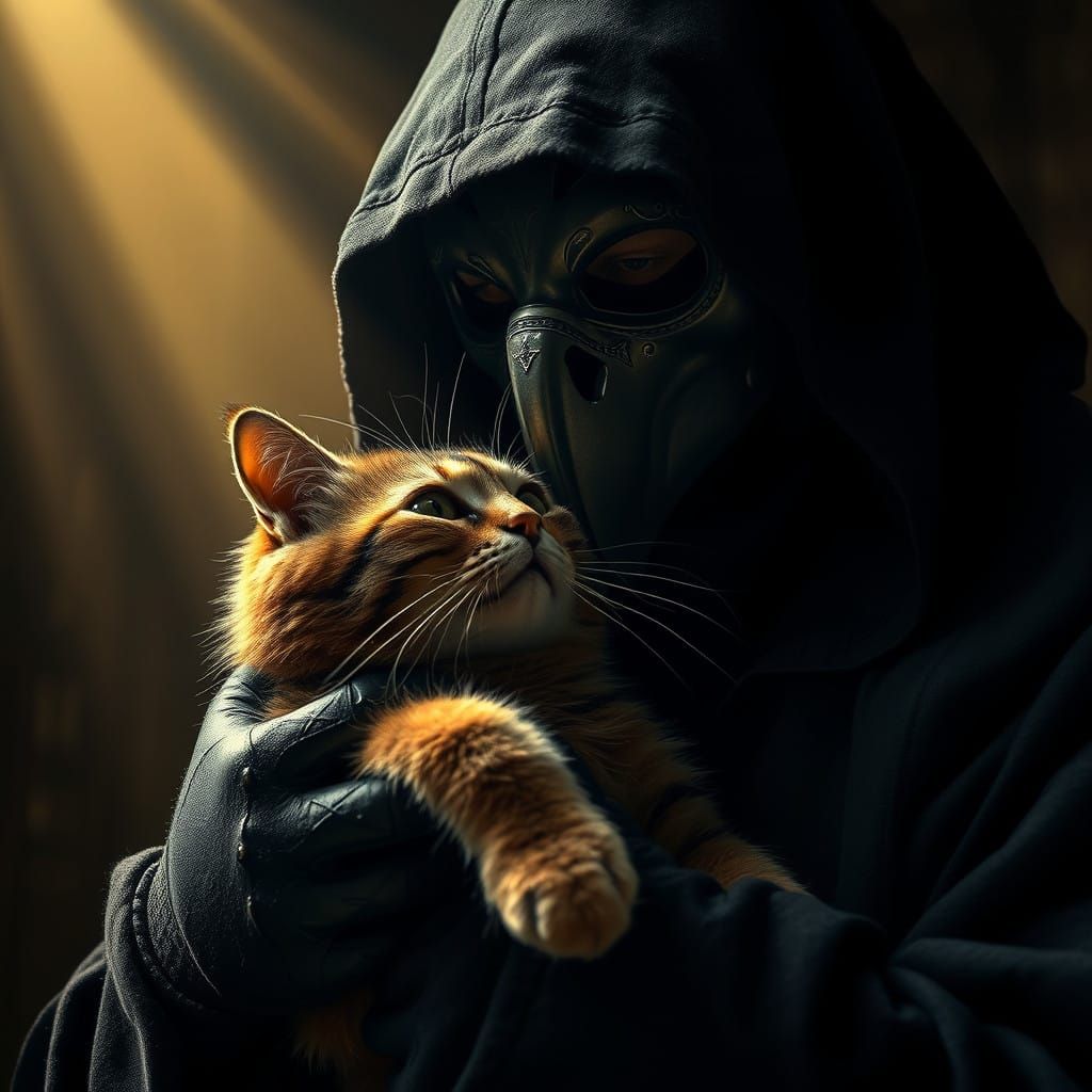 Gothic Plague Doctor Tenderly Holds a Plush Feline