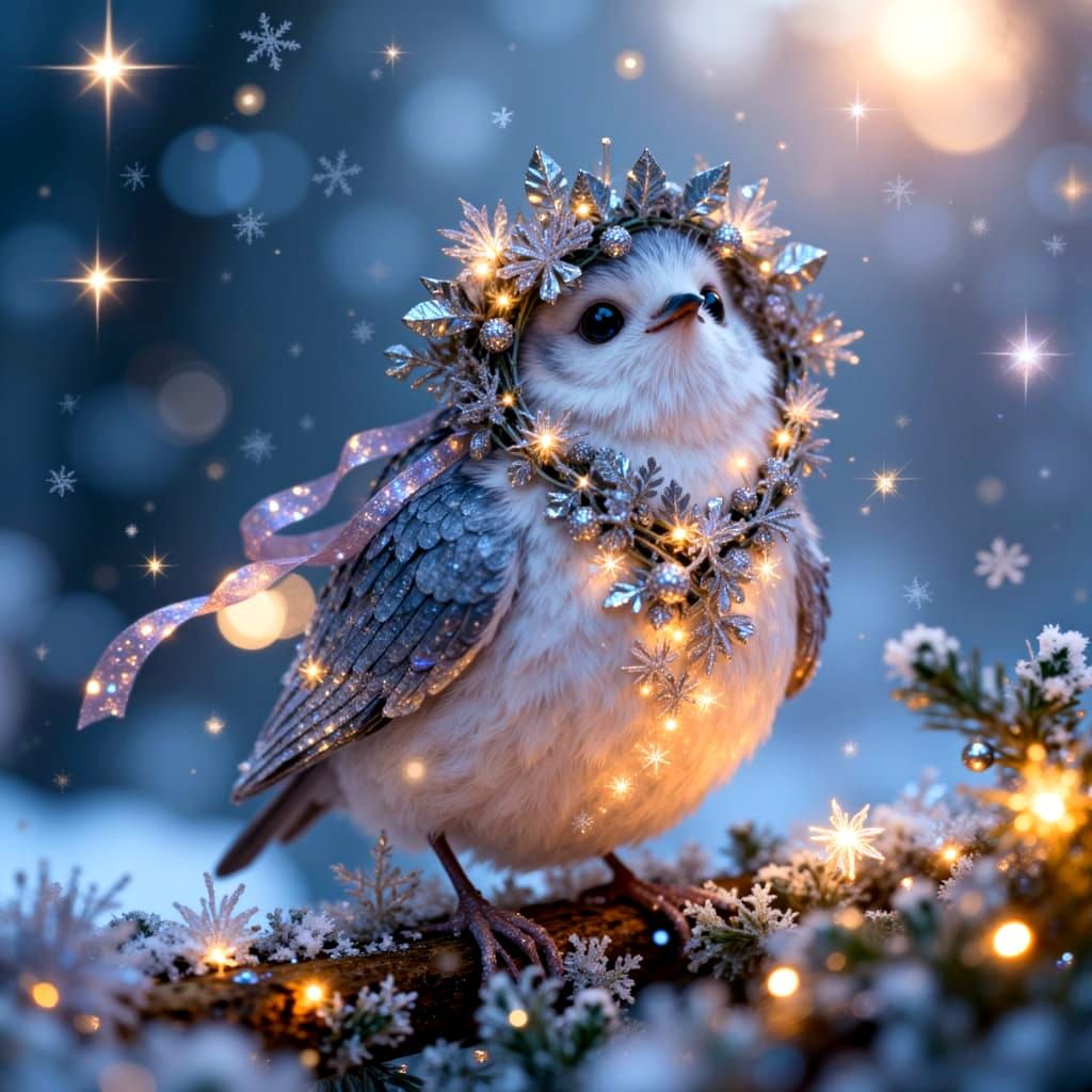 Magical Christmas Bird with Snow Frost and Fairy Lights