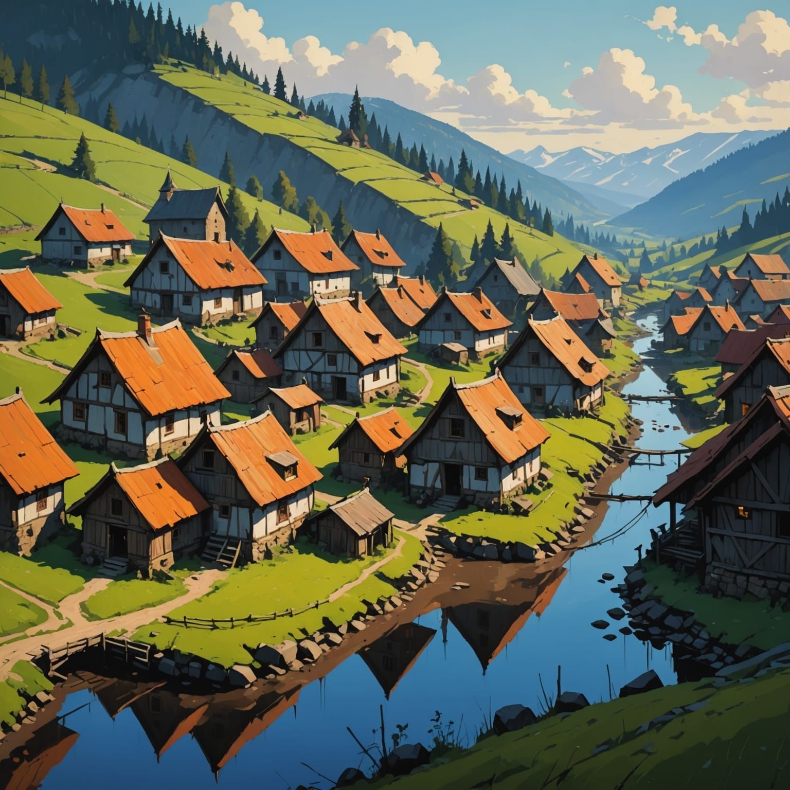 Whimsical Village in a Mystical Landscape