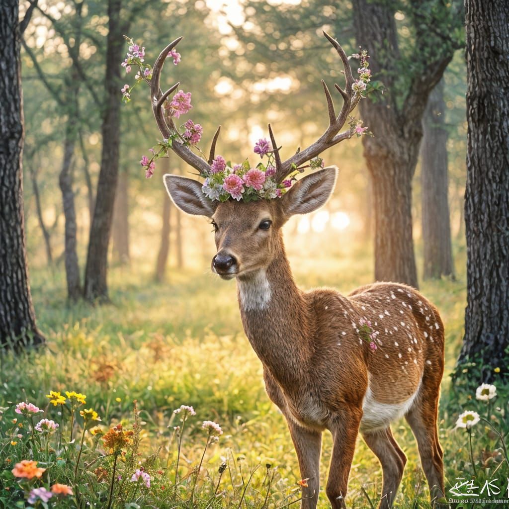 Deer Adorned with Spring Flowers in Forest Clearing