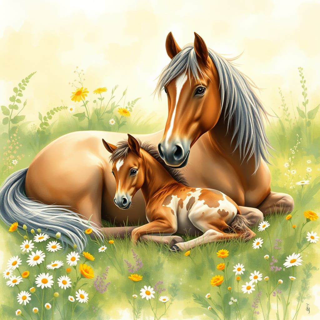 Serene Mare Horse and Foal in Whimsical Watercolor Landscape