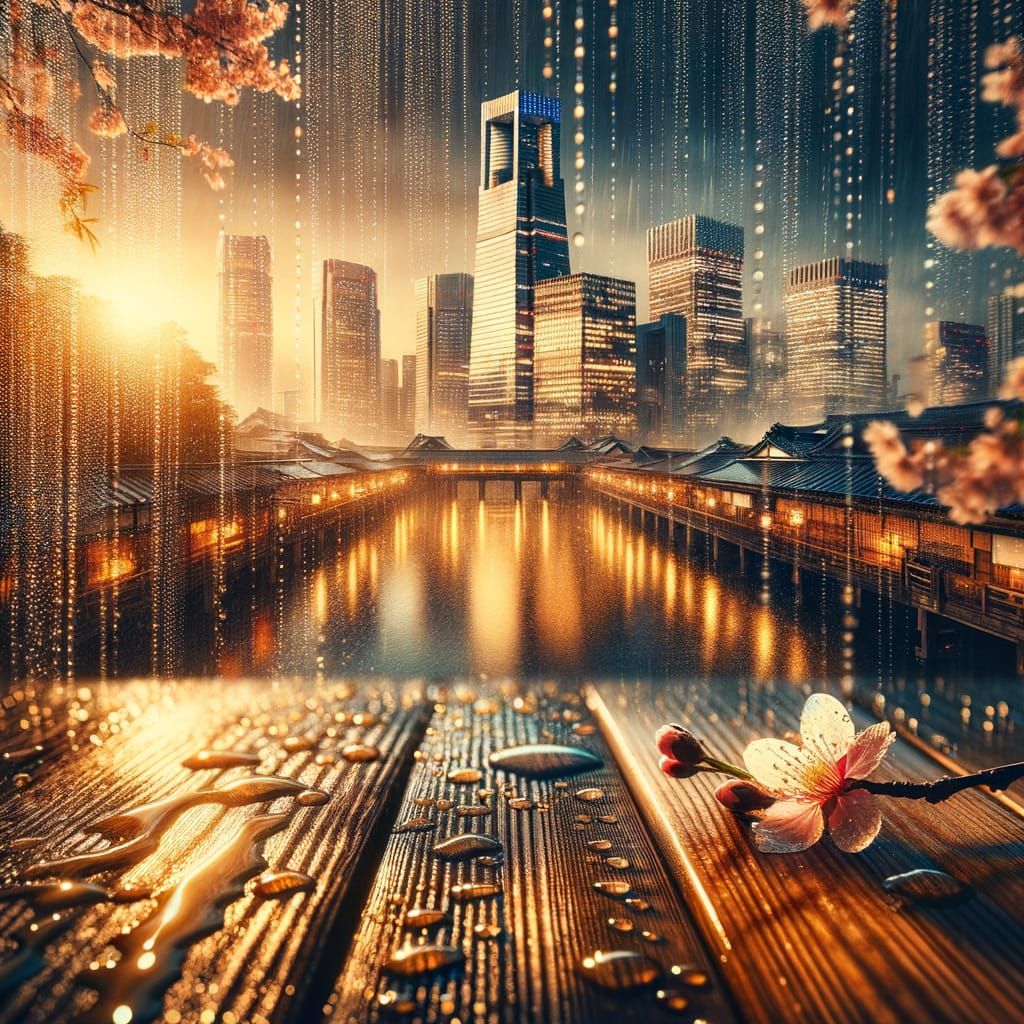 Golden Raindrops on Wood with Blurred Tokyo Skyline