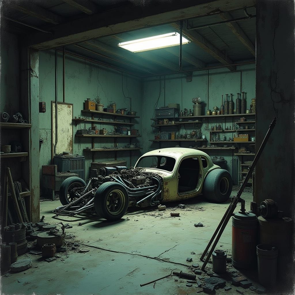 Eerie Abandoned Drag Racer's Garage in Dark, Atmospheric Sty...