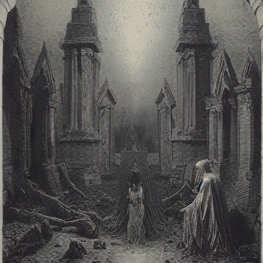 Dark Horror Graveyard Heart in Gustave Doré Style