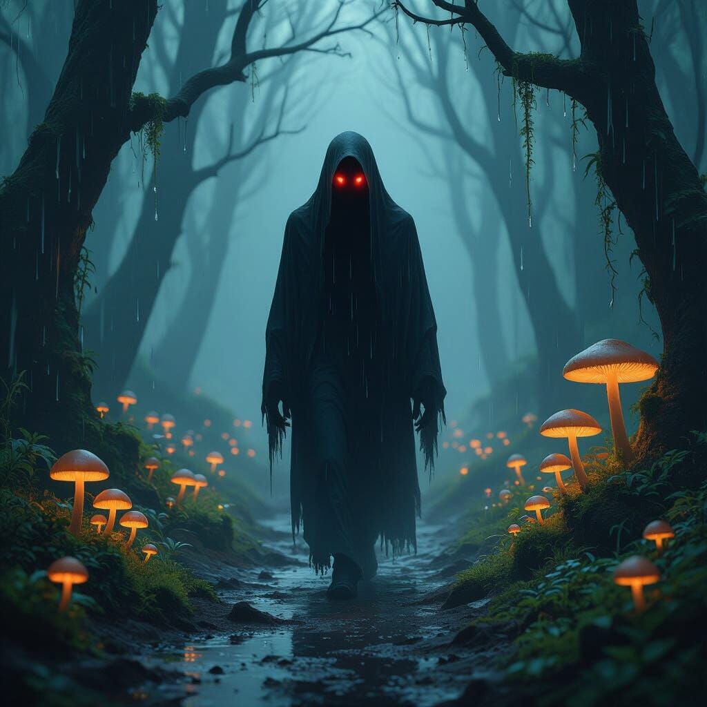 Spectral Cryptid in Misty Bioluminescent Forest